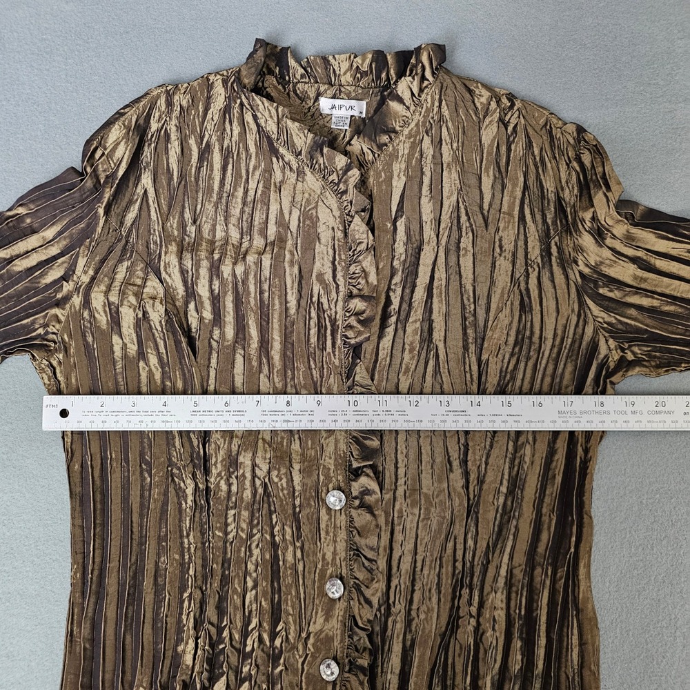 Jaipur Bronze Metallic Crinkle Top M Pleated Ruffle Rhinestone Dressy Whimsigoth - Picture 7 of 11
